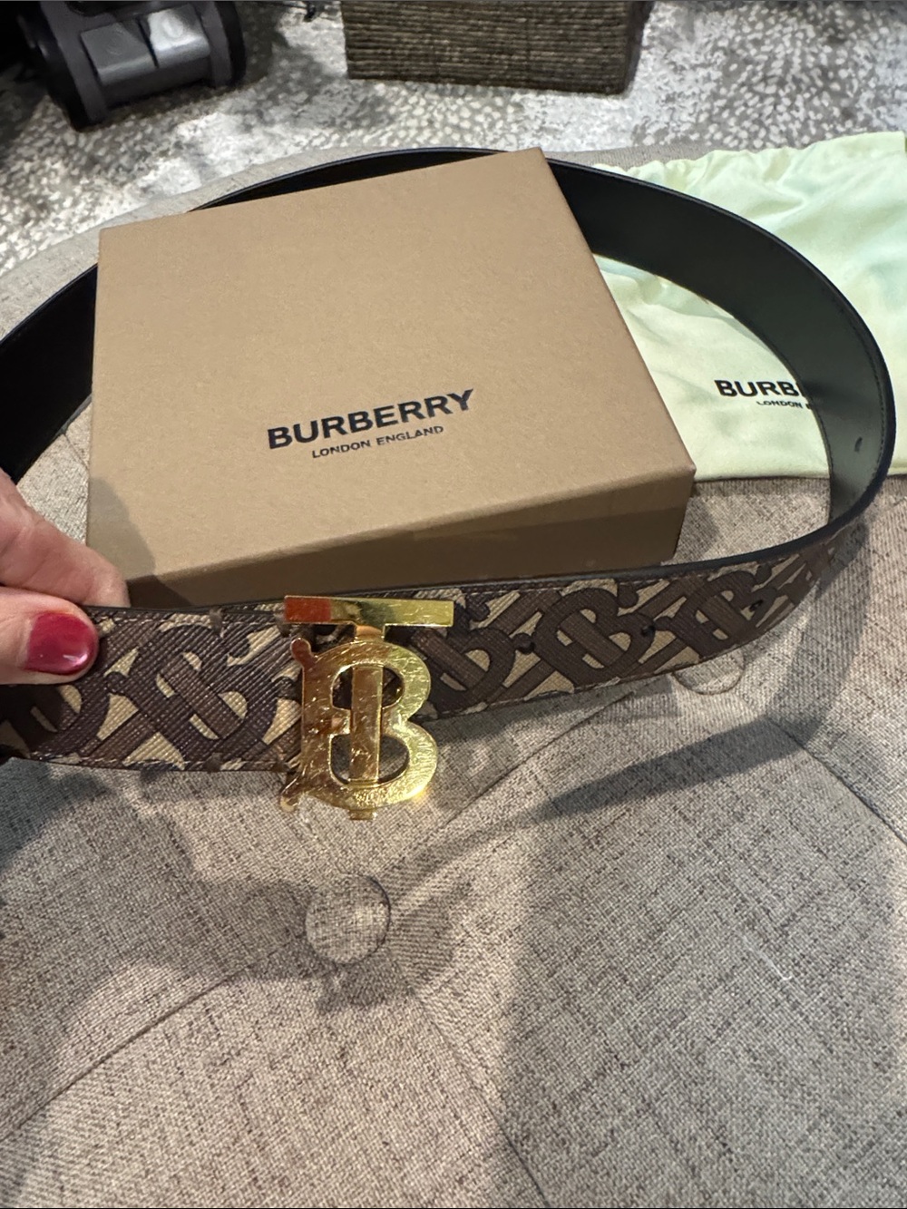Burberry Brown Monogram TB Logo Belt with Gold Buckle Medium